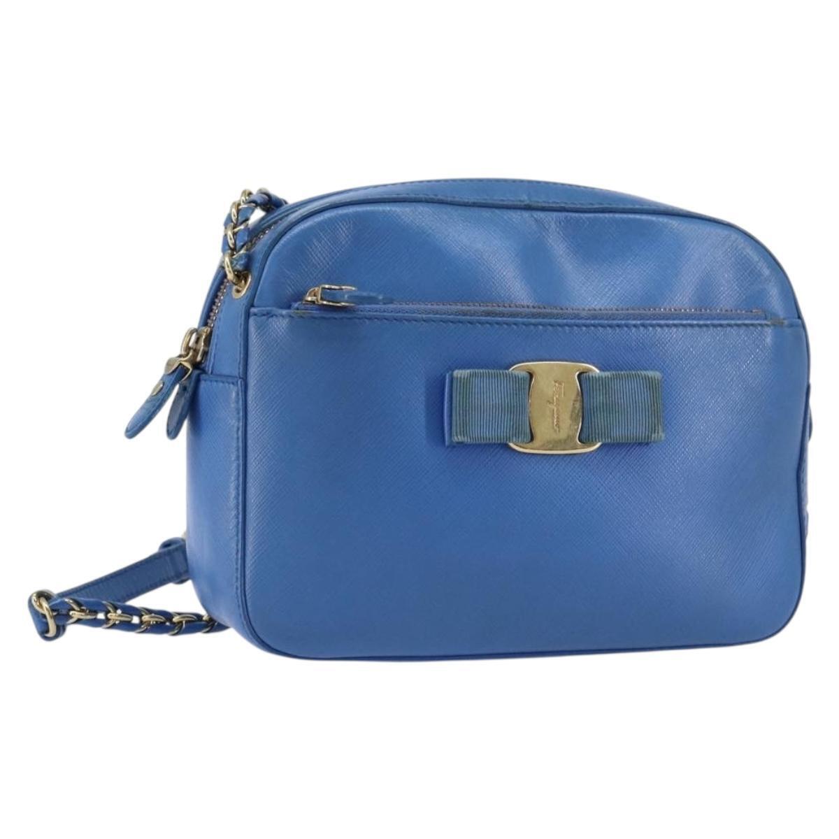 Salvatore Ferragamo Vala Chain Shoulder Bag Leather Blue Gold Auth Ka240